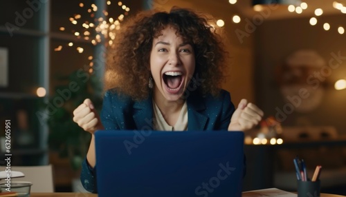 A young happy business lady or student feels excited about winning online. Generated by AI
