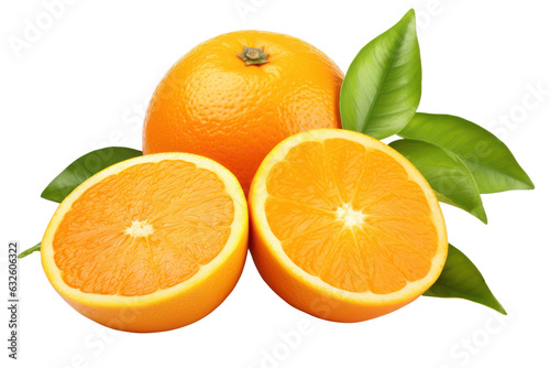 Oranges and green leaves isolated on white transparent background, Ripe citrus fruits, closeup, PNG,
