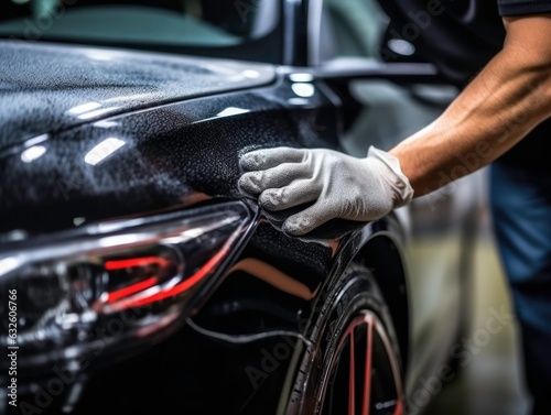 Car detailing - hands with orbital polisher in car repair shop, generated by AI © DigitalMuseCreations