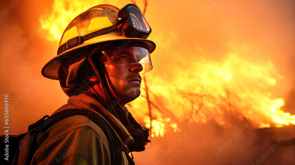 Firefighter in fire fighting operation, fireman in protective clothing and helmet with equipment in action fighting, wearing a fire suit for safety under the danger case.Generative AI
