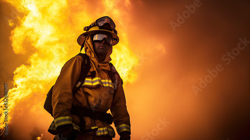 Firefighter in fire fighting operation, fireman in protective clothing and helmet with equipment in action fighting, wearing a fire suit for safety under the danger case.Generative AI