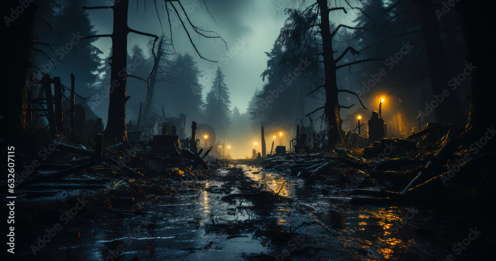 Foggy Graveyard Path: Eerie Mystique in the Mist
