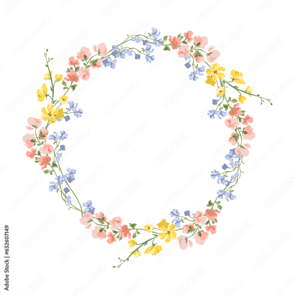 Vector Round Colourful Wildflowers Wreath Botanical Illustration
