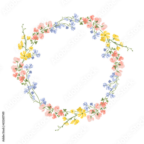 Vector Round Colourful Wildflowers Wreath Botanical Illustration