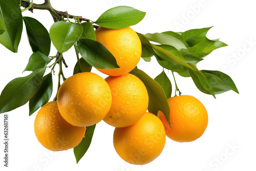 Orange fruits and green leaves isolated on white transparent background, citrus orange tree branch, PNG,