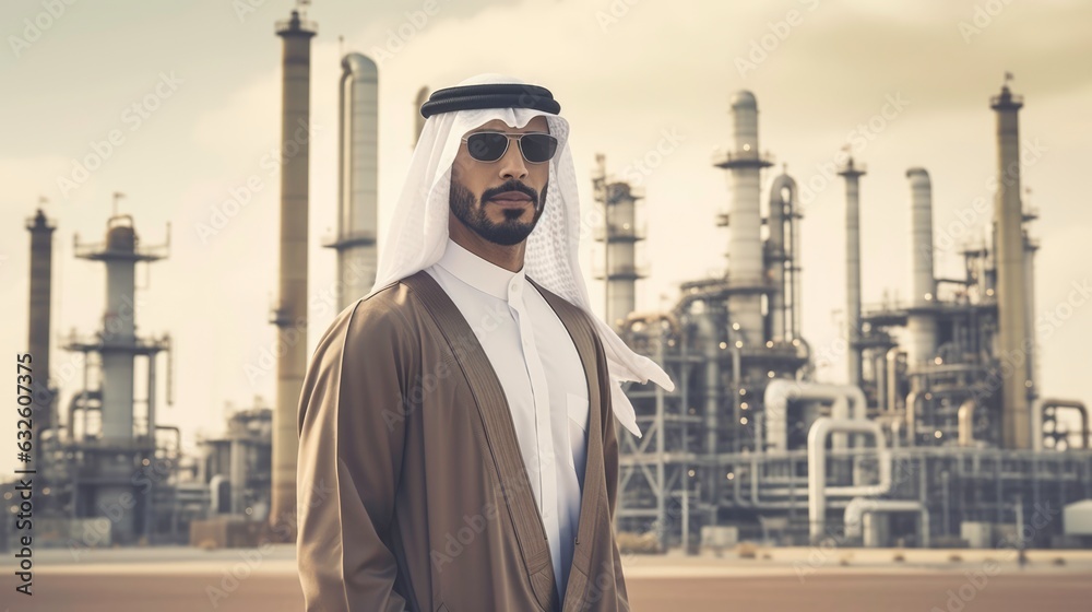 Successful Muslim Arab businessman with an oil refinery. Generated by AI