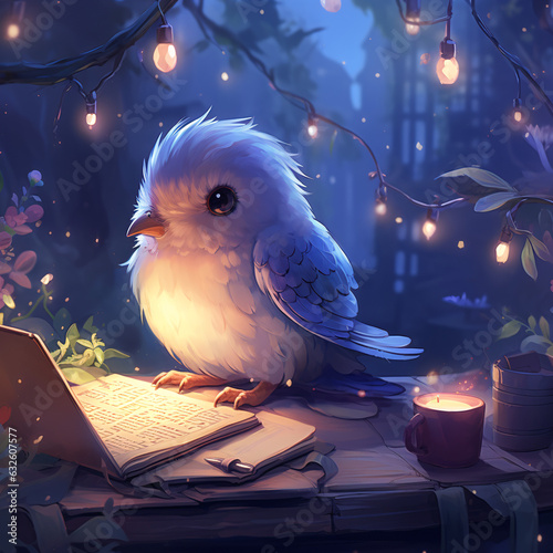 A charming scene featuring a little cute pigeon sitting and engrossed in reading an open book, capturing the whimsical joy of imagination and playful curiosity in this adorable portrayal photo