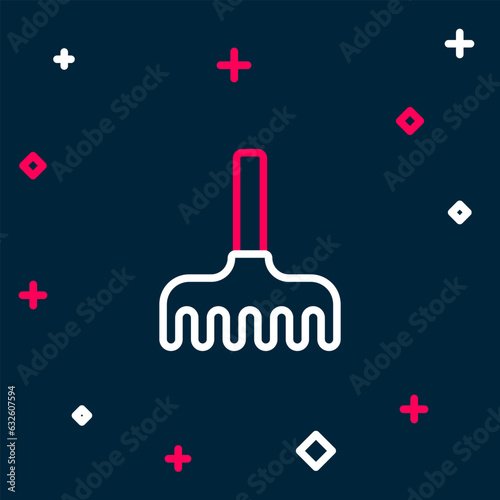 Line Garden rake icon isolated on blue background. Tool for horticulture, agriculture, farming. Ground cultivator. Colorful outline concept. Vector