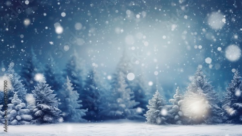 Christmas winter background with snow and blurry bokeh. Generated by AI © DigitalMuseCreations