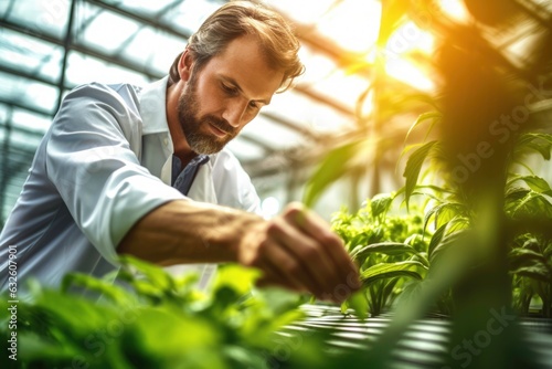Close-up agronomist checks crops in the greenhouse. Generated by AI photo