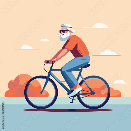 vector drawing, an elderly man rides a bicycle, smiles. flat style. sports, old people, travel
