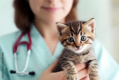 The doctor veterinarian is holding a little kitten. Generated by AI