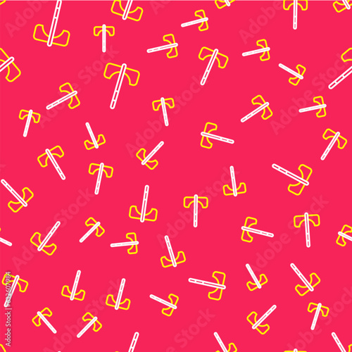 Line Medieval axe icon isolated seamless pattern on red background. Battle axe, executioner axe. Medieval weapon. Vector