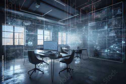 A modern office background serves as the perfect canvas for an abstract virtual stats data hologram  created through multi-exposure techniques. Generative AI