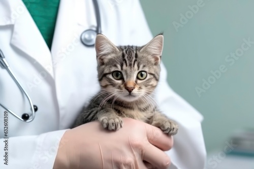 The doctor veterinarian is holding a little kitten. Generated by AI