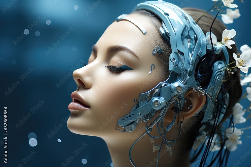 A woman with a blue head piece and flowers in her hair. AI. A woman with a blue head piece and flowers in her hair. AI.