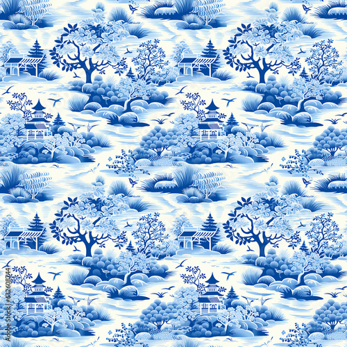 Blue Willow seamless Pattern, Chinese Blue Willow Motifs, Scrapbooking, Chinoiserie digital seamless paper