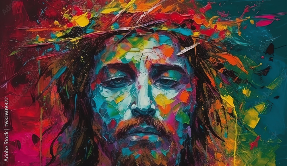 Abstract art. Colorful painting of Jesus Christ using colorful oils or watercolors. Generative AI.