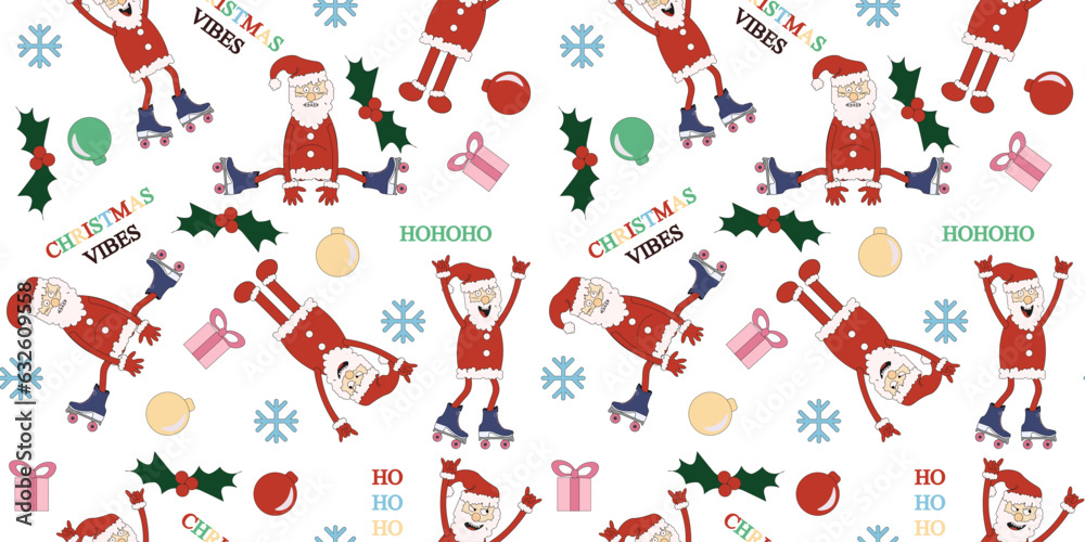 Funky design of Christmas wrapping paper with cute Xmas character in trendy groovy Y2K style. Wallpaper and textile print with santa, reindeer, christmas tree. Cool new year background. Vector art. Funky design of Christmas wrapping paper with cute Xmas character in trendy groovy Y2K style. Wallpaper and textile print with santa, reindeer, christmas tree. Cool new year background. Vector art.
