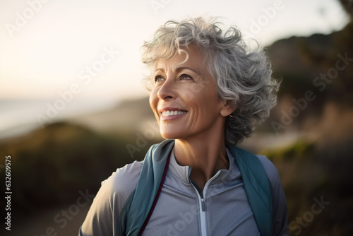 Positive middle aged caucasian woman with a backpack on a hike in mountains looking away. Portrait of a smiling active cheerful senior woman