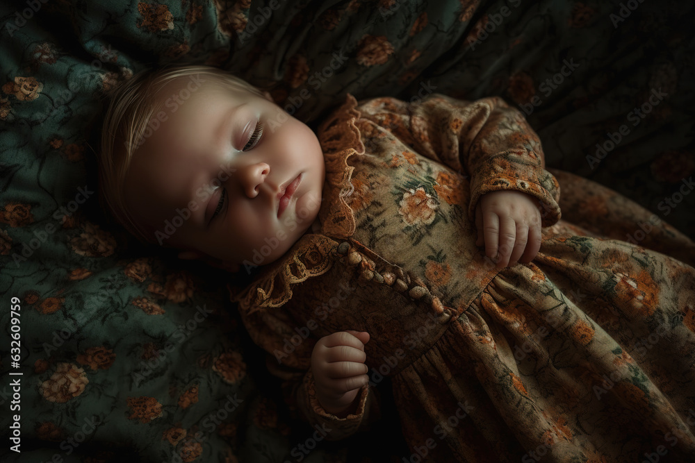 Baby sleeping photographed from above. Fictional person. Generative AI Baby sleeping photographed from above. Fictional person. Generative AI
