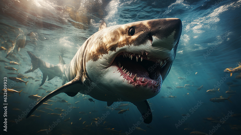 Fototapeta premium Photo d'un requin qui chasse sous l'eau clair des caraïbes en profondeur des mers