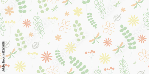 Delicate spring seamless pattern with greenery branches, flowers and dragonflies. Great for children's textiles and clothes. Vector. Printing on fabric and paper