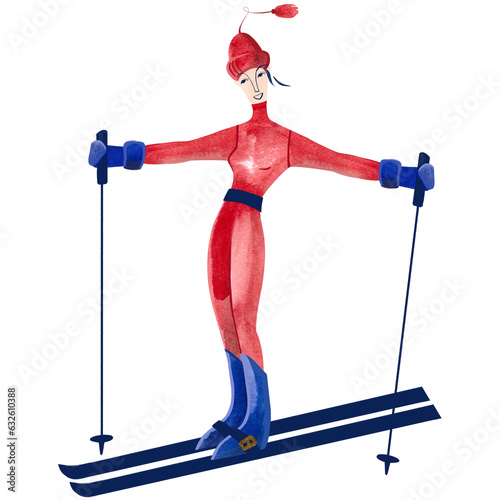 Watercolor female skier in red sweater. Winter isolated illustration. Sport. Clipart. Raster illustration for resort and ski tourism