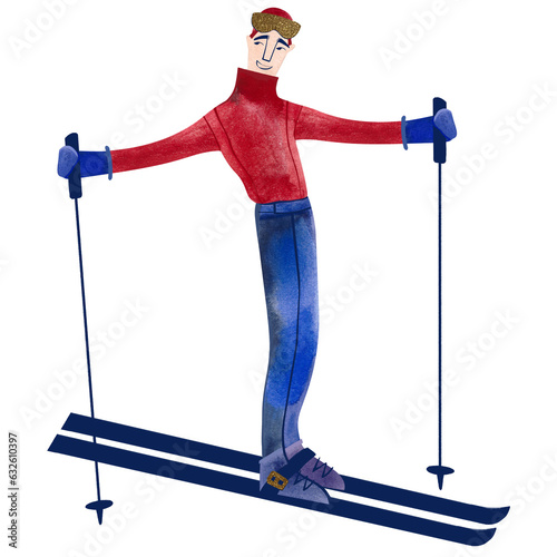 Watercolor male skier in red sweater. Winter isolated illustration. Sport. Clipart. Raster illustration for resort and ski tourism