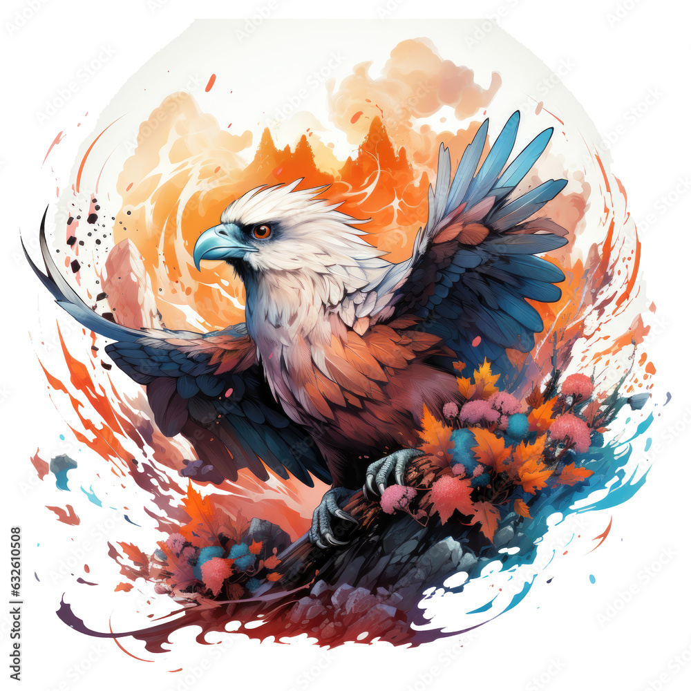 Fototapeta premium A surreal Eagle t-shirt design featuring an eagle with wings made of musical notes, Generative Ai