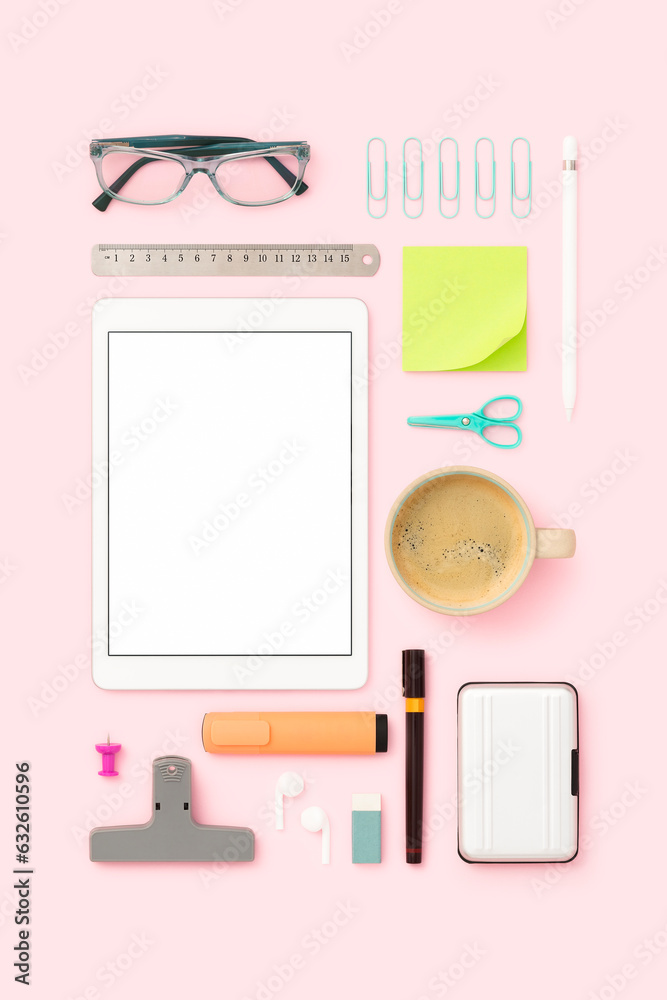 Things on my desk flat lay, digital tablet mockup with office supplies Things on my desk flat lay, digital tablet mockup with office supplies