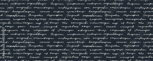 Handwritten illegible text vector seamless pattern. Hand written text in cursive pen on black background. Abstract lettering background, unreadable letter, monochrome script. Illegible poetry ornament photo