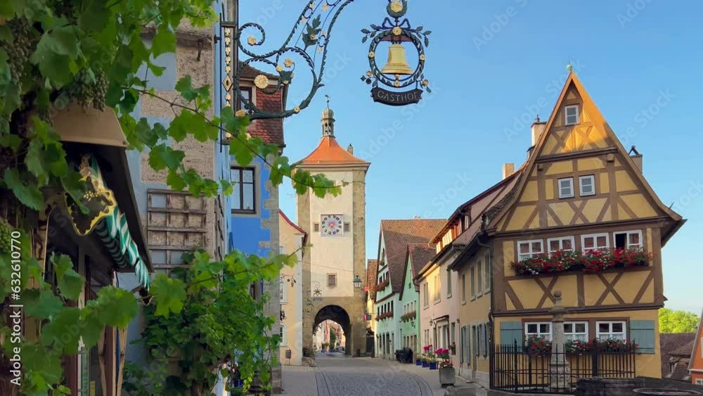 German traditional architecture half-timbered houses in historical center Rothenburg ob der Tauber, Bavaria, Middle Franconia, Germany, July 17, 2023. High quality 4k footage