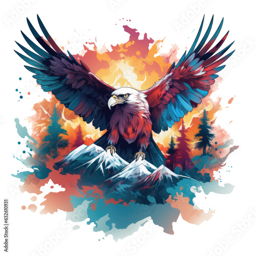 A whimsical Eagle t-shirt design featuring a stylized, cartoon-like eagle soaring across a vivid and abstract landscape, Generative Ai