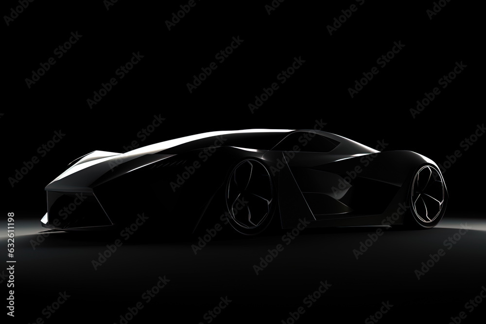 Naklejka premium Side view dark silhouette of a modern sport black car isolated on black background