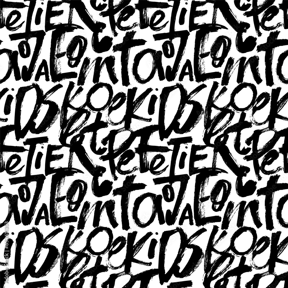 Grunge alphabet brush drawn letters seamless pattern. Hand drawn graffiti style calligraphy letters background. Modern trendy typography wallpaper. Abstract seamless chaotic calligraphy pattern.