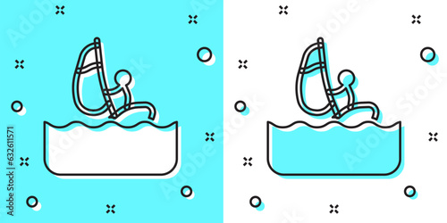 Black line Windsurfing icon isolated on green and white background. Random dynamic shapes. Vector