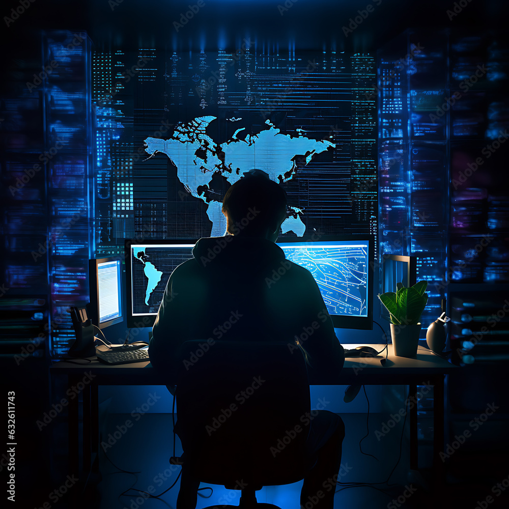 hacker sitting at the computer, cyber security and anti-spyware concept hacker sitting at the computer, cyber security and anti-spyware concept