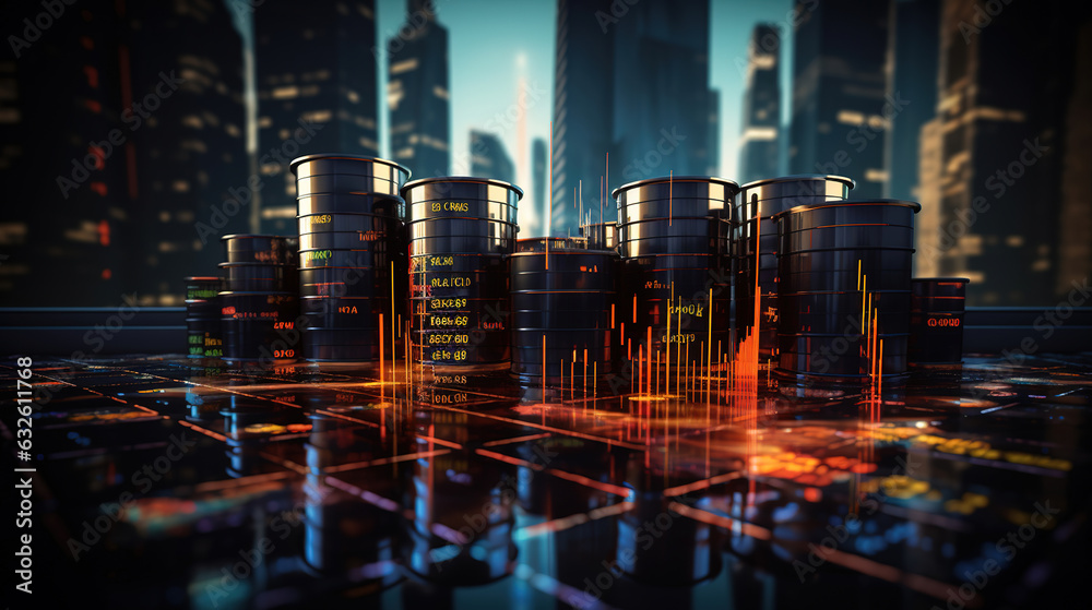 Oil barrels on a digital background representing oil market price, stock trading, generative ai Oil barrels on a digital background representing oil market price, stock trading, generative ai