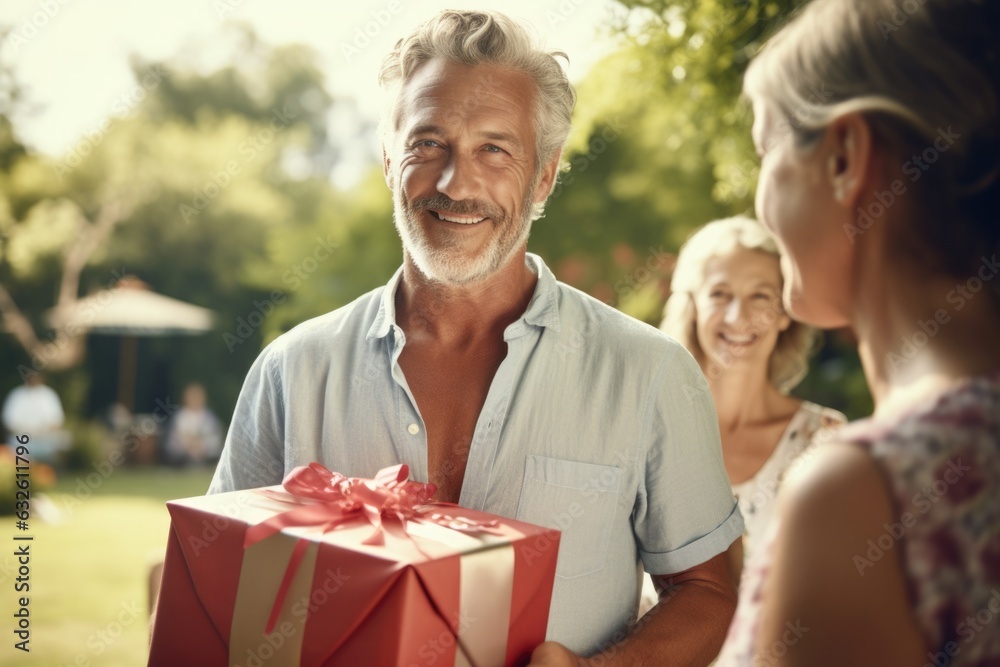 Elderly man with silver hair and beard with gift box on blurry natural background, outdoor Elderly man with silver hair and beard with gift box on blurry natural background, outdoor