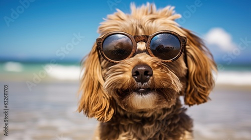 Funny dog on the beach wearing sunglasses © Oleksii Halutva