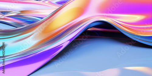 Metallic rainbow gradient waves abstract background. Iridescent chrome wavy surface. Liquid surface, ripples, reflections. 3d render illustration.
