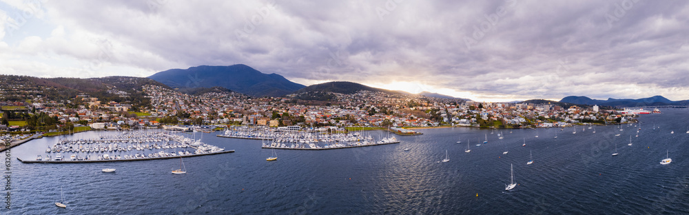 Panoramic aerial picture of Yachts docked at Sandy Bay Yacht Club in front of Wrest Point