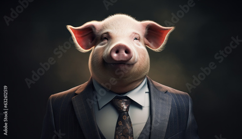 A headshot of a neatly dressed hedge fund pig businessman in a suit. Symbolises corporate greed, inequality, gluttony, excess and corruption.