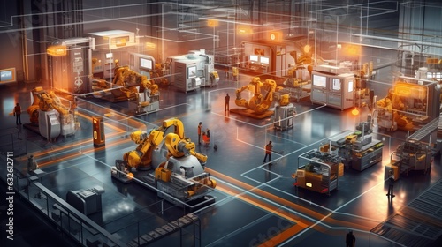 Industry. Smart factory interior showcases machines, efficient workstations, and automated production lines, optimizing the manufacturing process for improved performance. The concept of optimal work