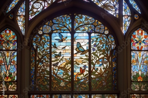 Intricate art nouveau church window  mosaic of birds and butterflies. Exquisite detail in radiant display.