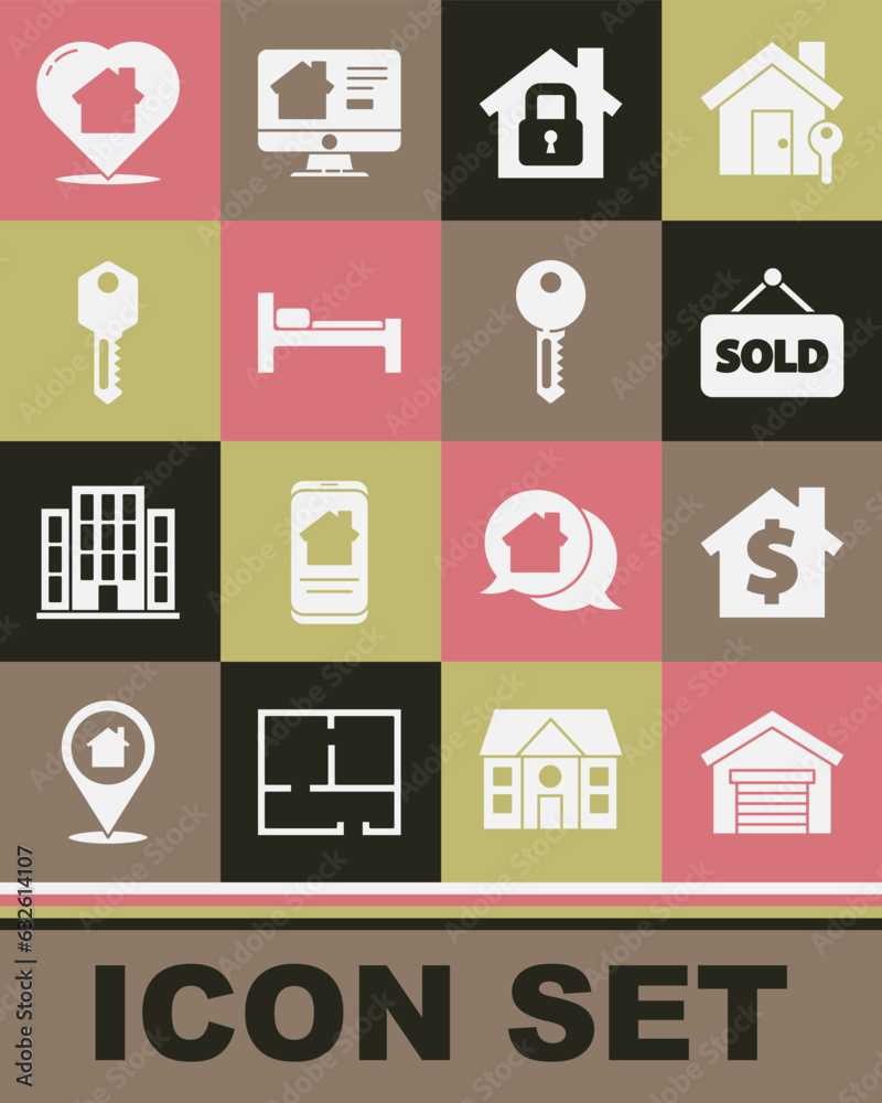 Set Garage, House with dollar symbol, Hanging sign text Sold, under protection, Bed, key, heart shape and icon. Vector Set Garage, House with dollar symbol, Hanging sign text Sold, under protection, Bed, key, heart shape and icon. Vector