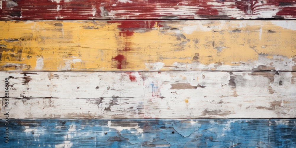 Antique plank texture with white, red, yellow, and blue cracks. Horizontal background with planks of different colors. Antique plank texture with white, red, yellow, and blue cracks. Horizontal background with planks of different colors.