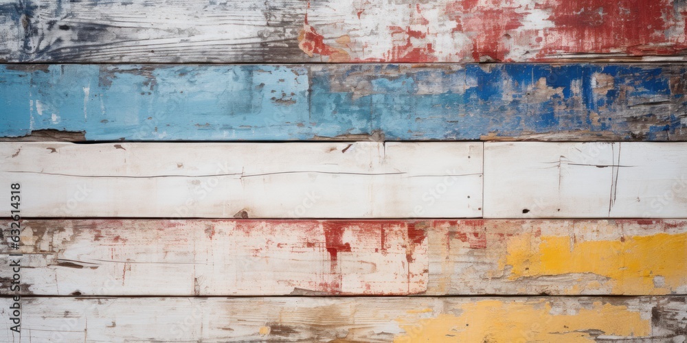 Antique plank texture with white, red, yellow, and blue cracks. Horizontal background with planks of different colors. Antique plank texture with white, red, yellow, and blue cracks. Horizontal background with planks of different colors.