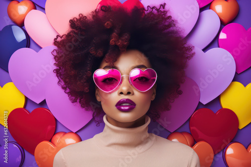 abstract valentines portrait, woman with heart shaped glasses and afro hair